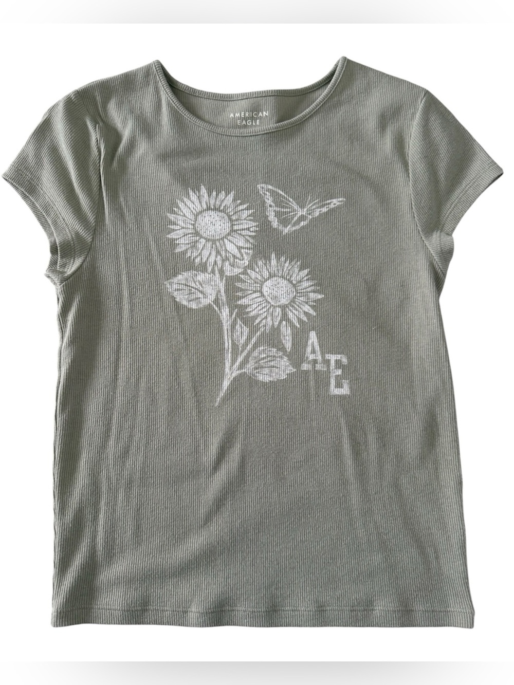 American Eagle Ribbed Baby Tee, Green, Floral Butterfly Graphic. Small.